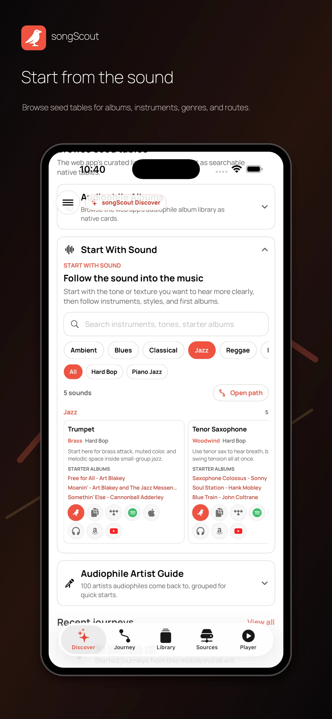songScout guided discovery screen connecting music through artists, albums, and listening cues