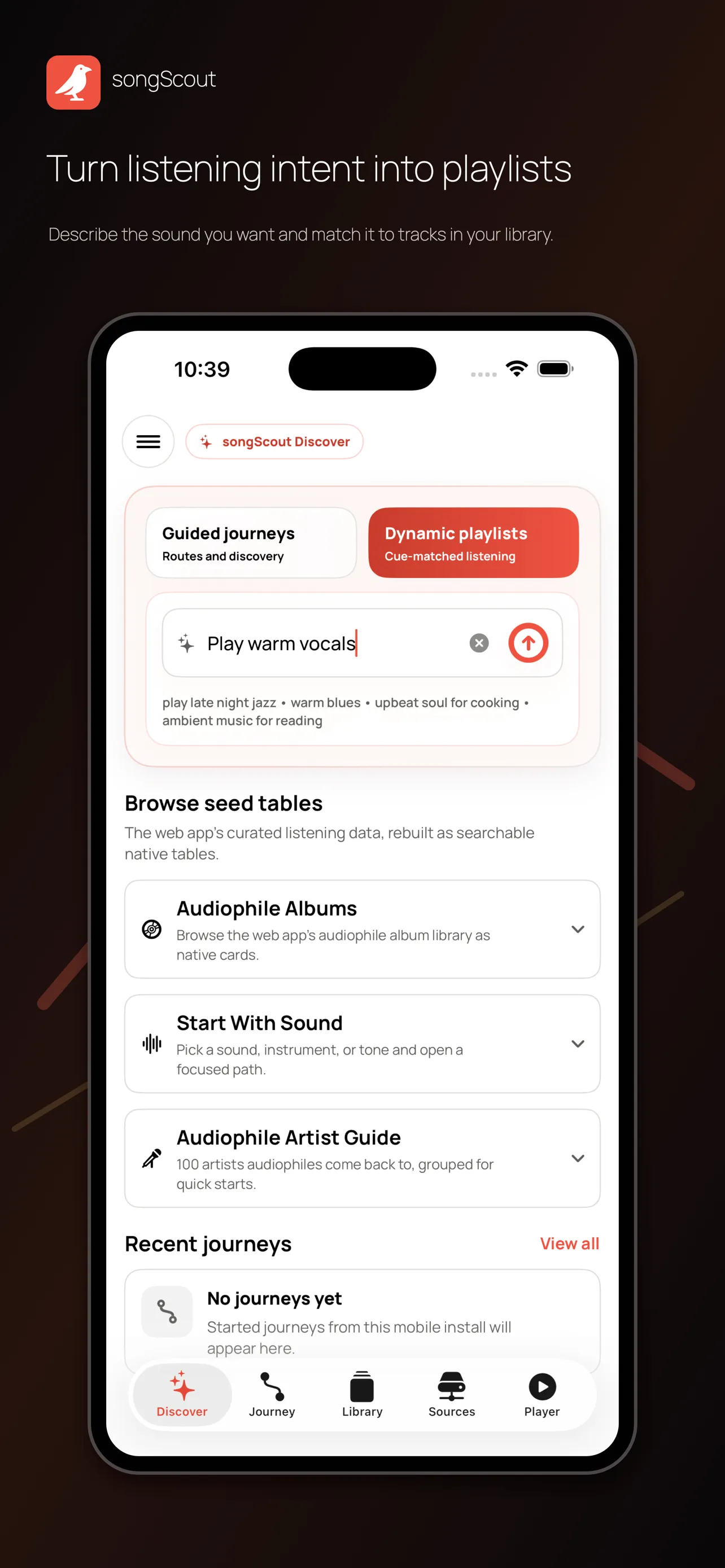 songScout dynamic playlist screen created from a plain-English listening request