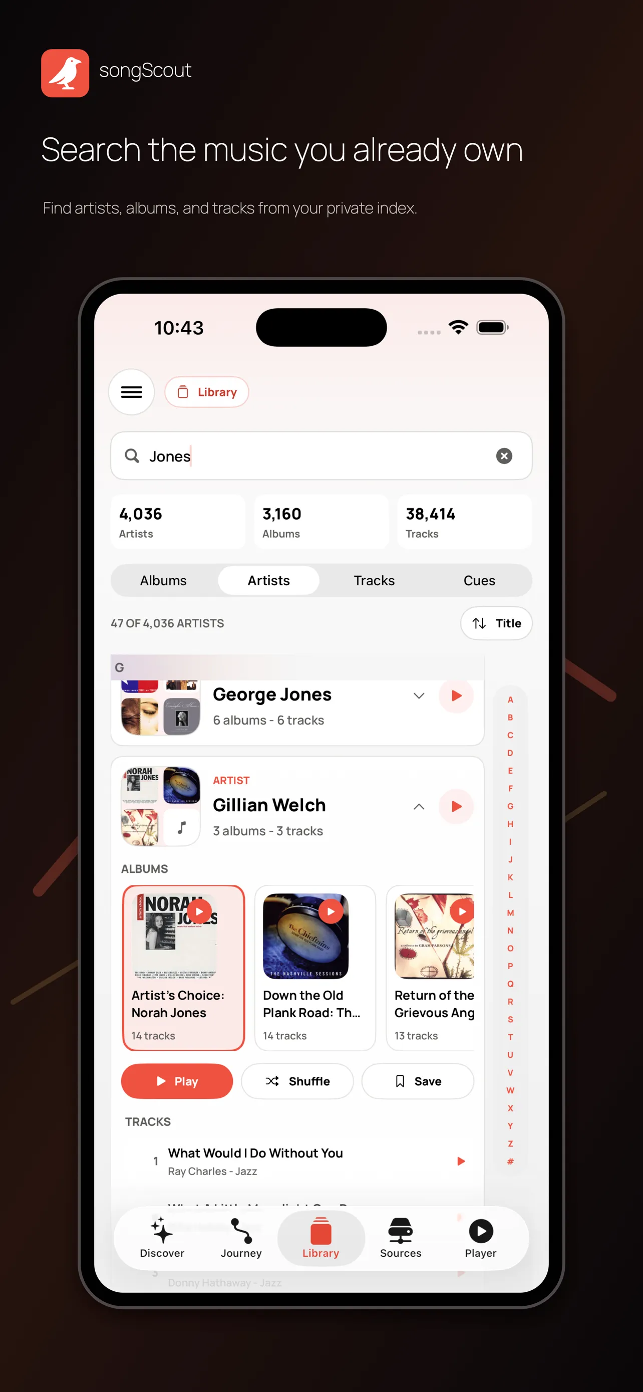 songScout screen showing an indexed local and NAS music library
